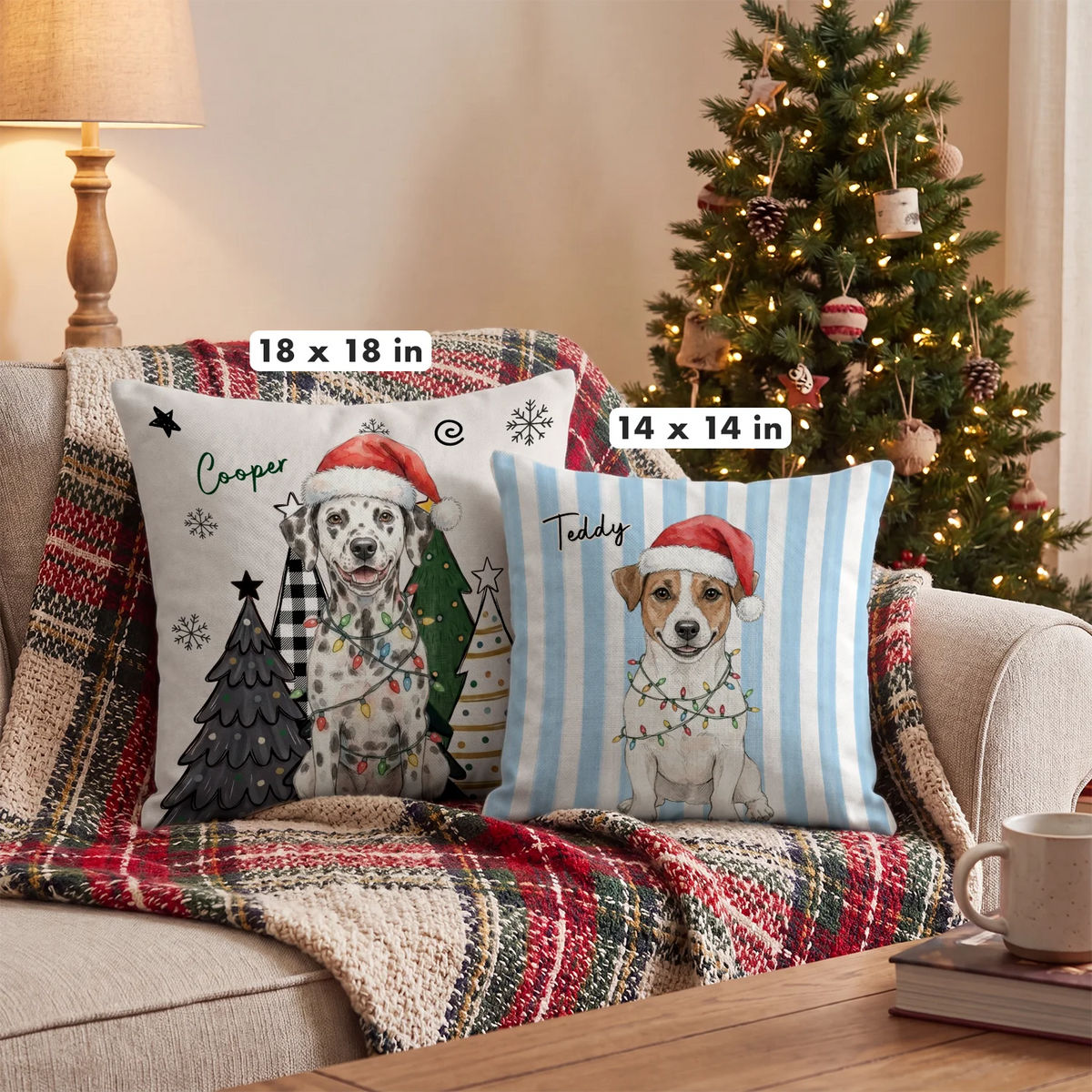 Size comparison of the pillows: 18" x 18" and 14" x 14"