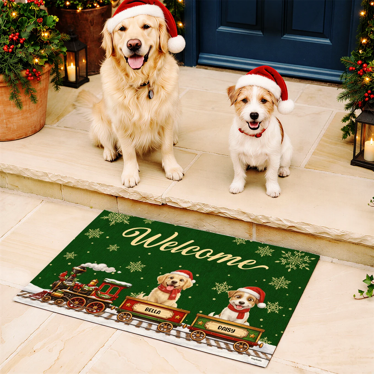 Personalized Doormat "Christmas Train Dog"