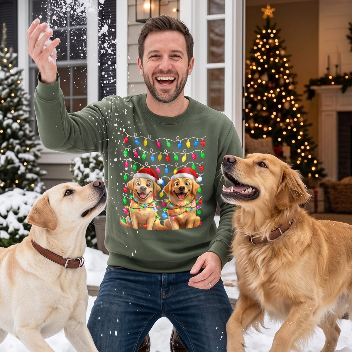 Man in a military green Christmas sweater with two dogs as cartoons in the snow