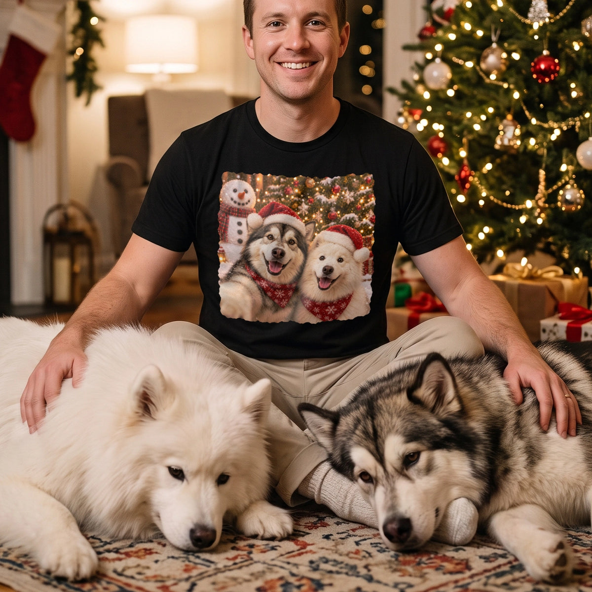 Man in black custom pet T-shirt sits between his Samoyed and husky