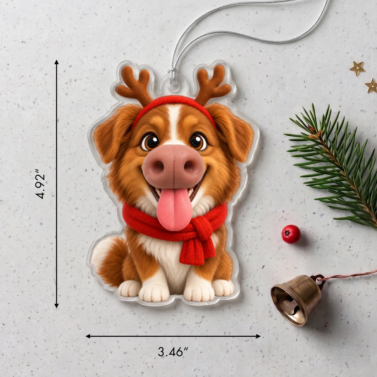 Size of the custom cut ornament: 4.92" x 3.46", dog cartoon with a pink nose and a red scarf