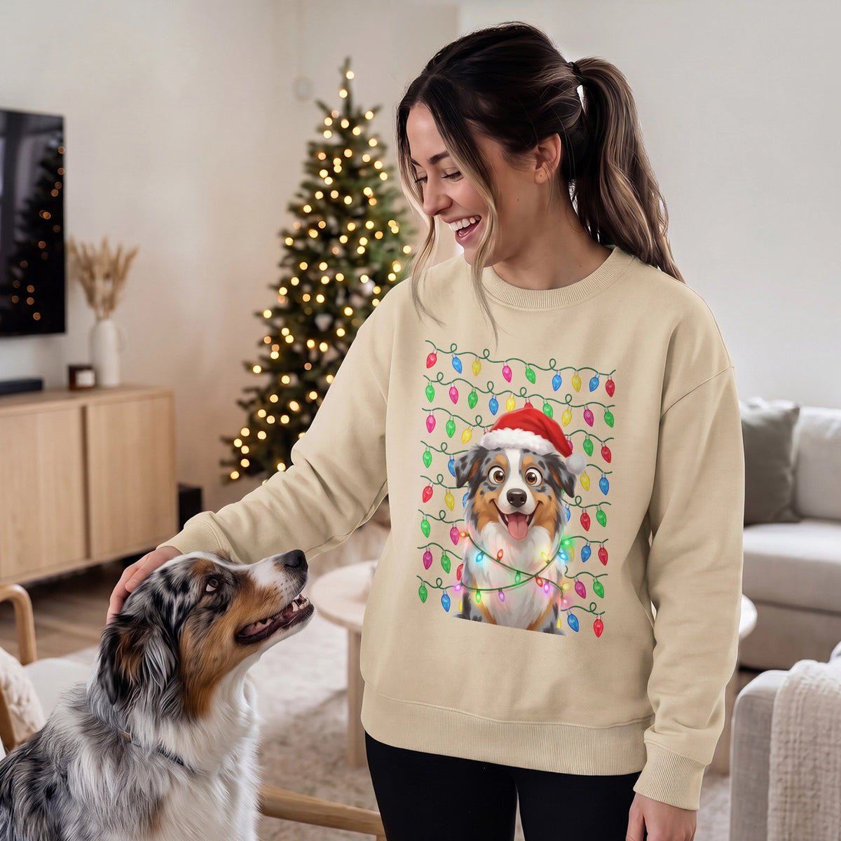 Woman in a sand sweater with her Australian Shepherd as a cartoon by the Christmas tree