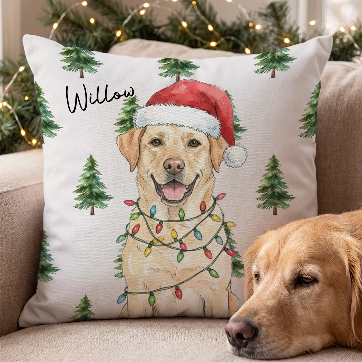Christmas pillow with a watercolor Labrador and the name Willow next to the dog