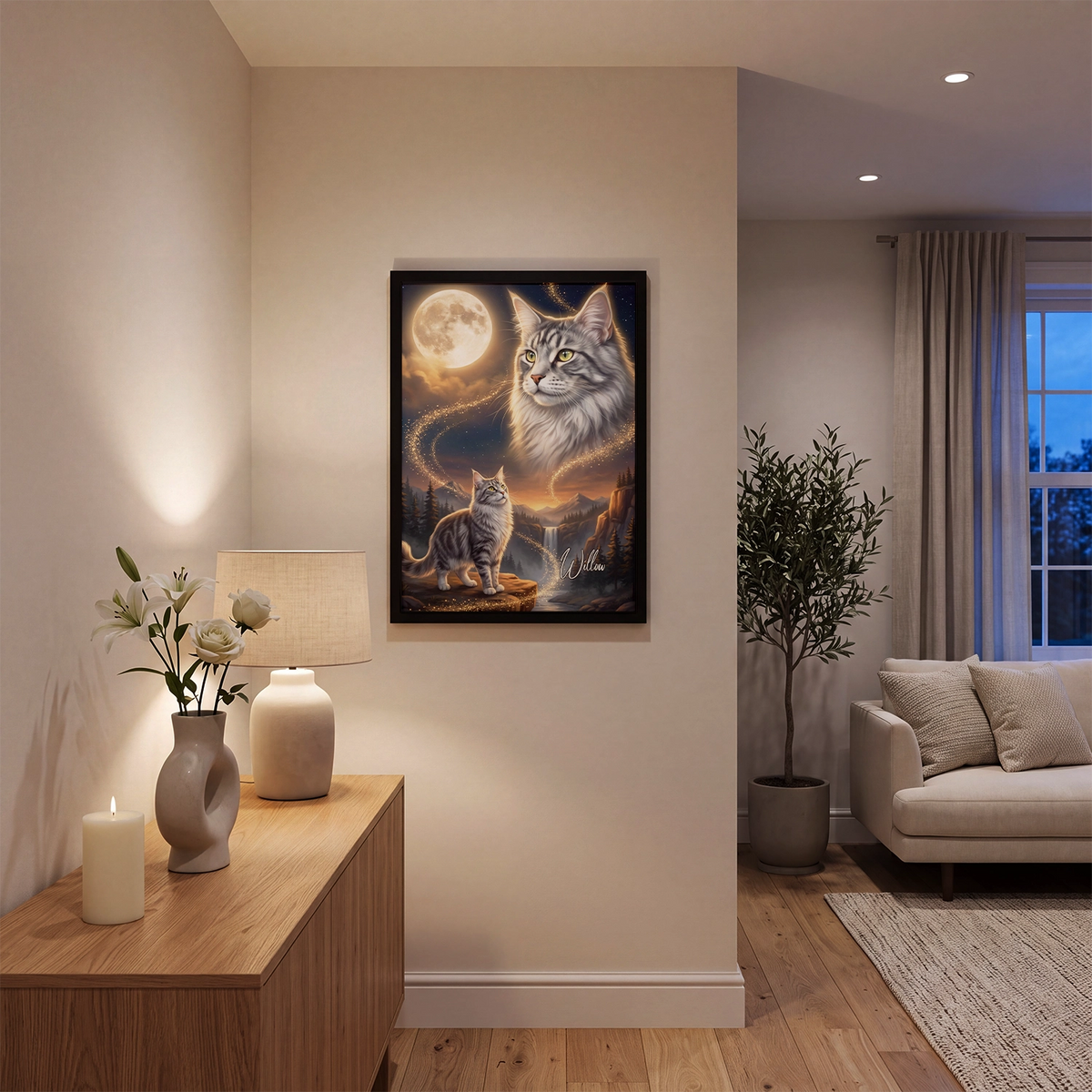 Framed Howling Cat poster with silver tabby cat in a softly lit living room
