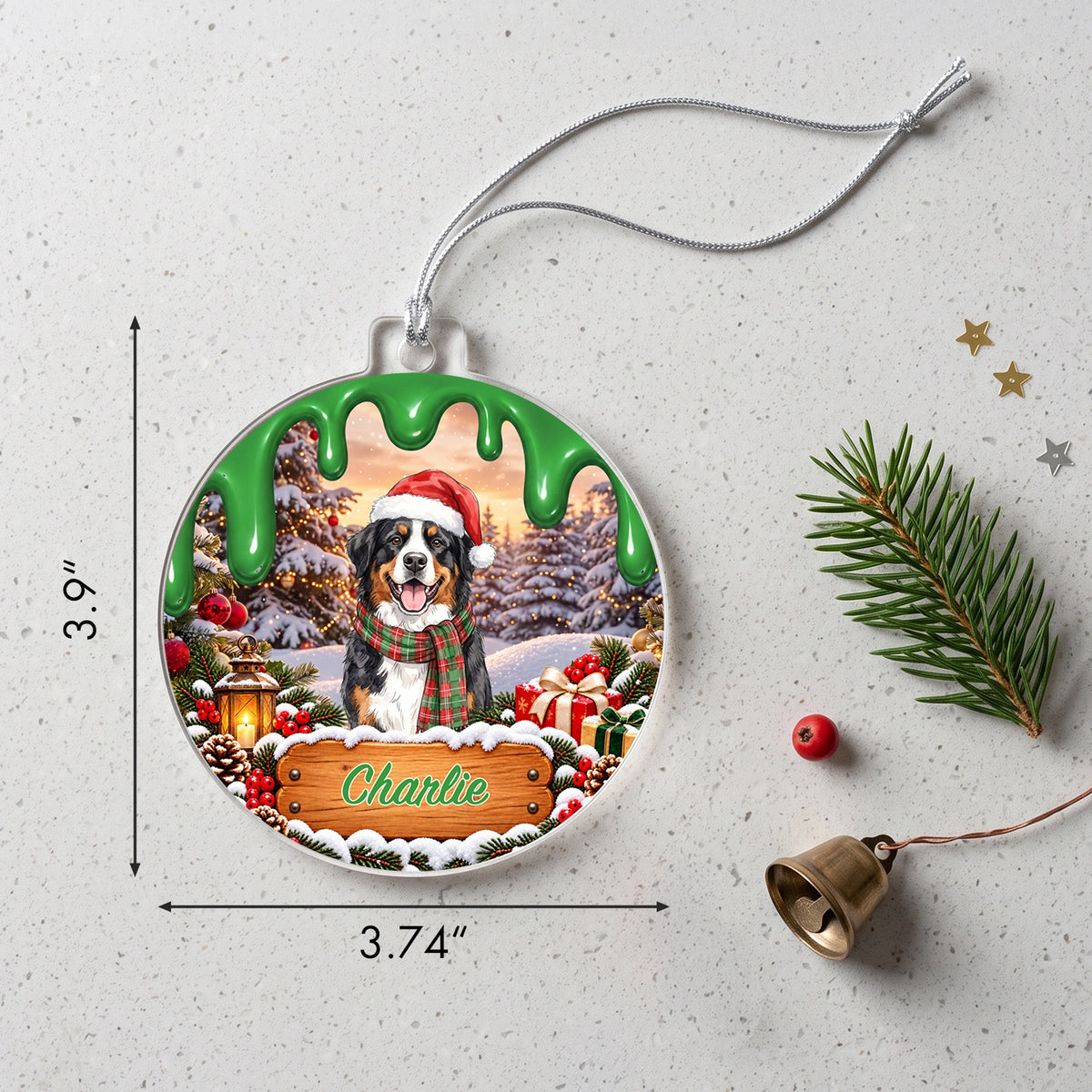 Green ornament with a dog named Charlie in a Santa hat, size 3.74" x 3.9"