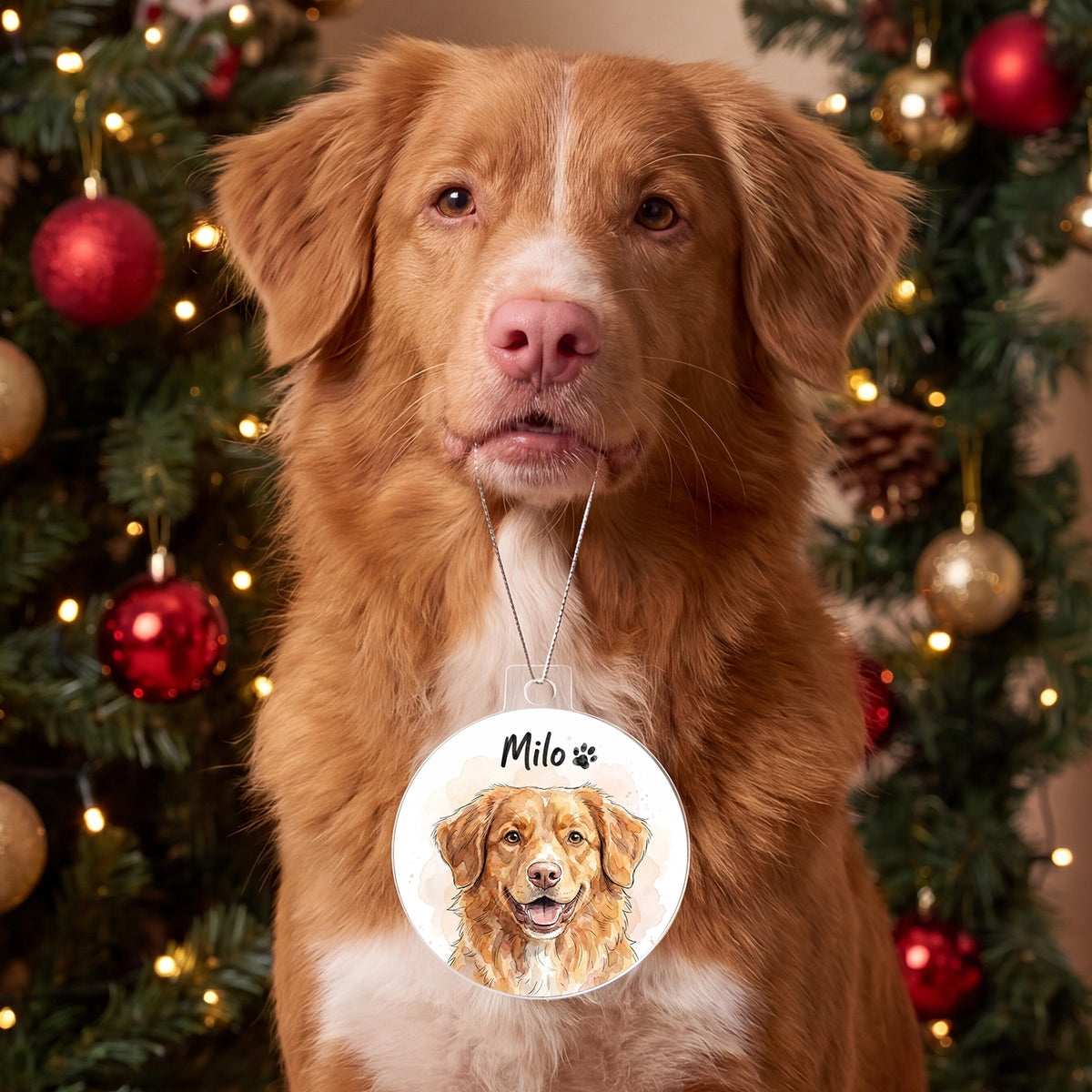 Dog wearing its watercolor ornament with the name Milo in front of a decorated Christmas tree