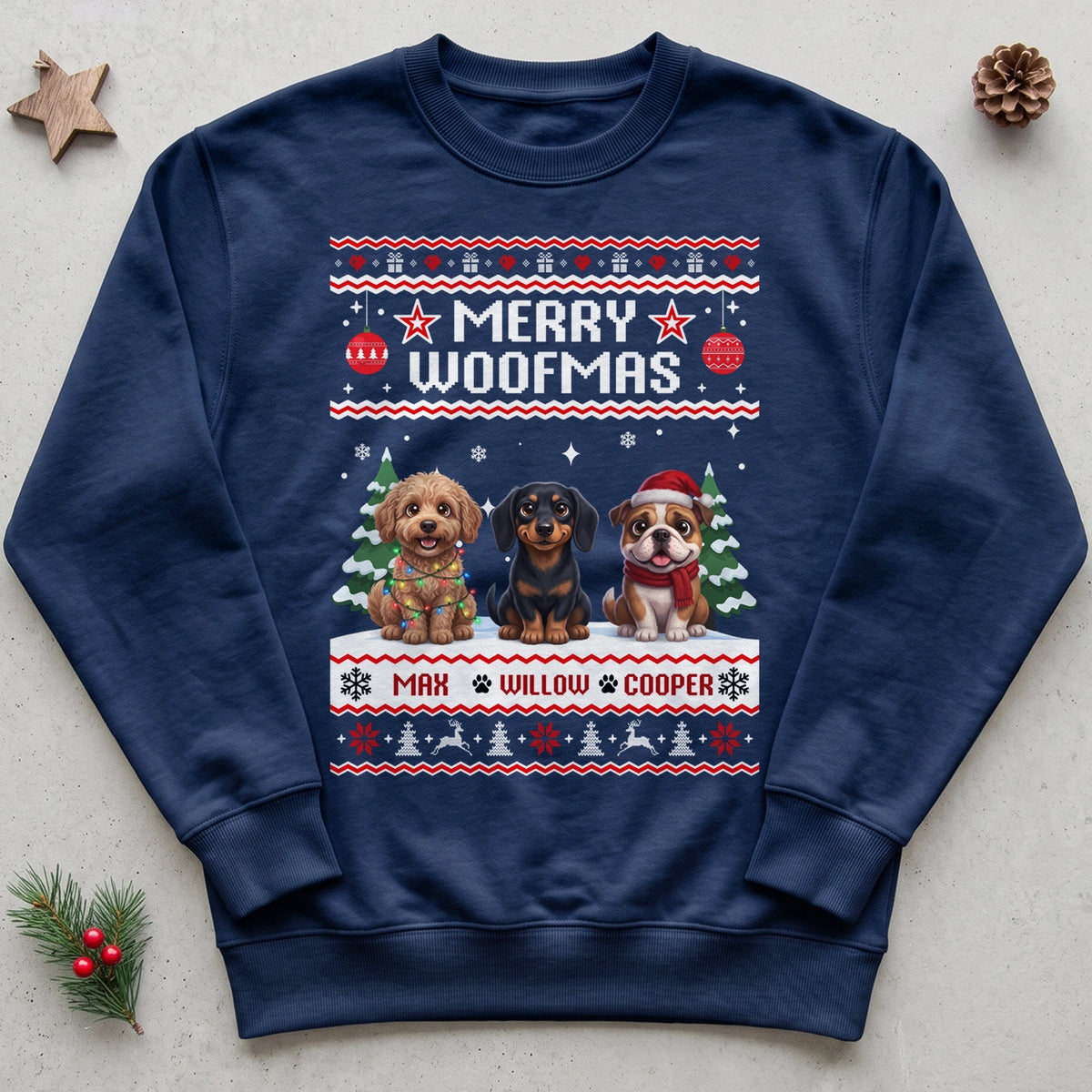 Navy Merry Woofmas sweater with three dogs as cartoons and their names, flat lay