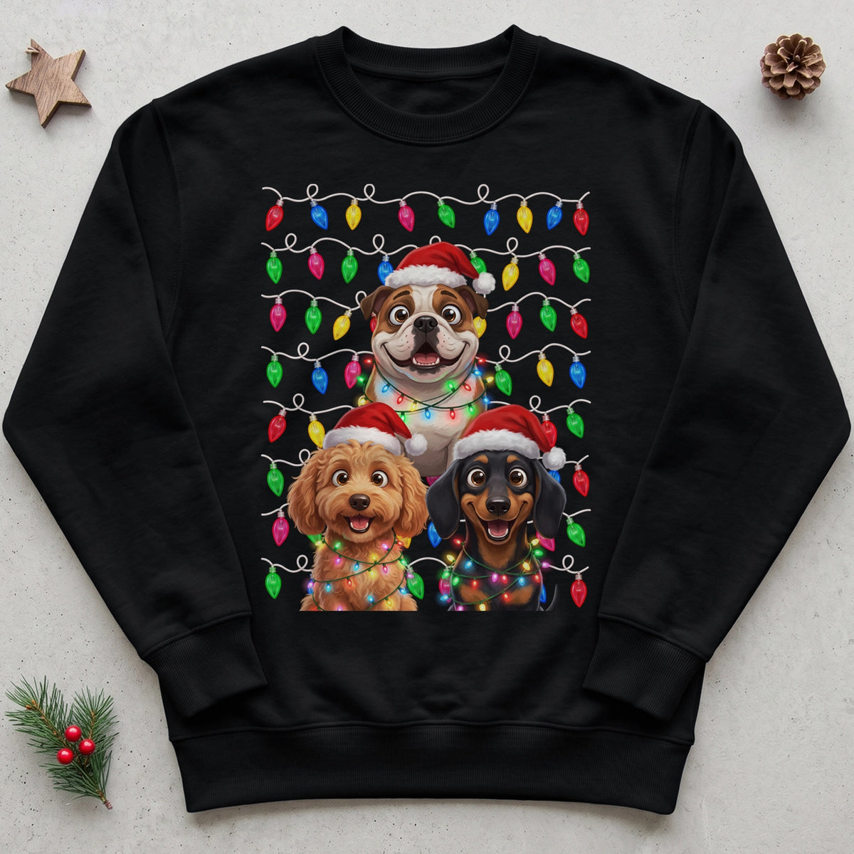 Black Christmas sweater with three dogs as cartoons in colorful Christmas lights, flat lay