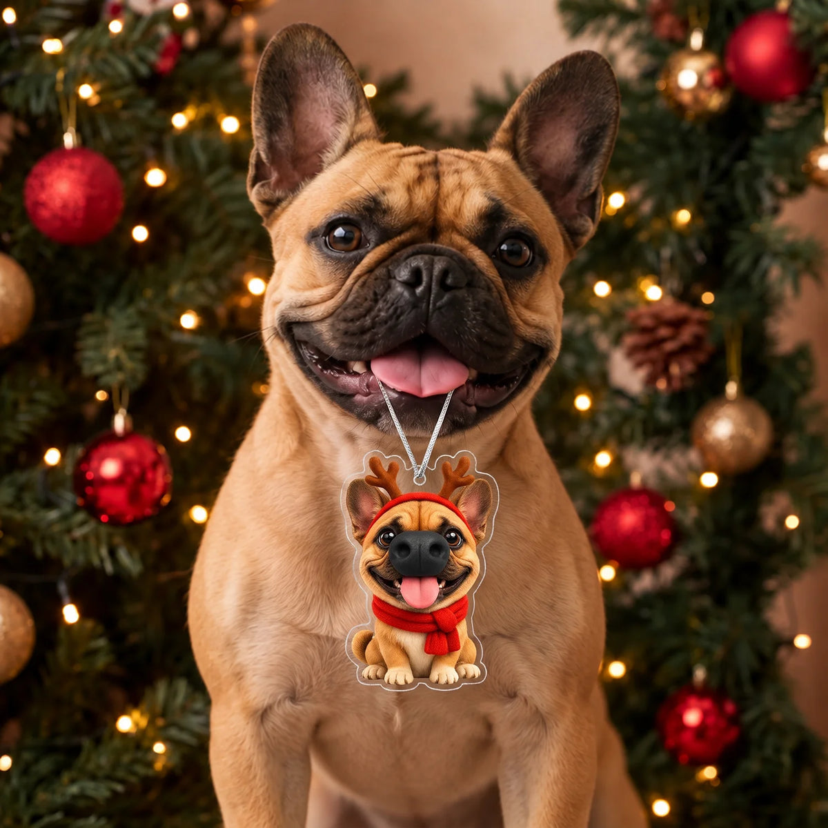 French Bulldog posing with its cartoon ornament with reindeer antlers in front of a Christmas tree