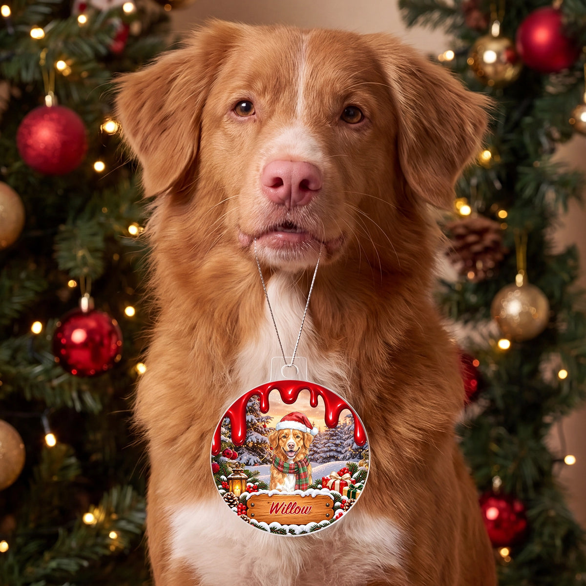 Dog wearing the red ornament with its own portrait and the name Willow in front of a Christmas tree