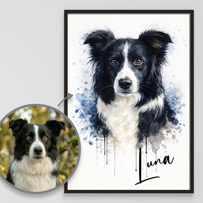 Personalized Dog Portrait "Watercolor" as a gift for dog lovers: framed watercolor Border Collie portrait with name made from a photo – hey balu