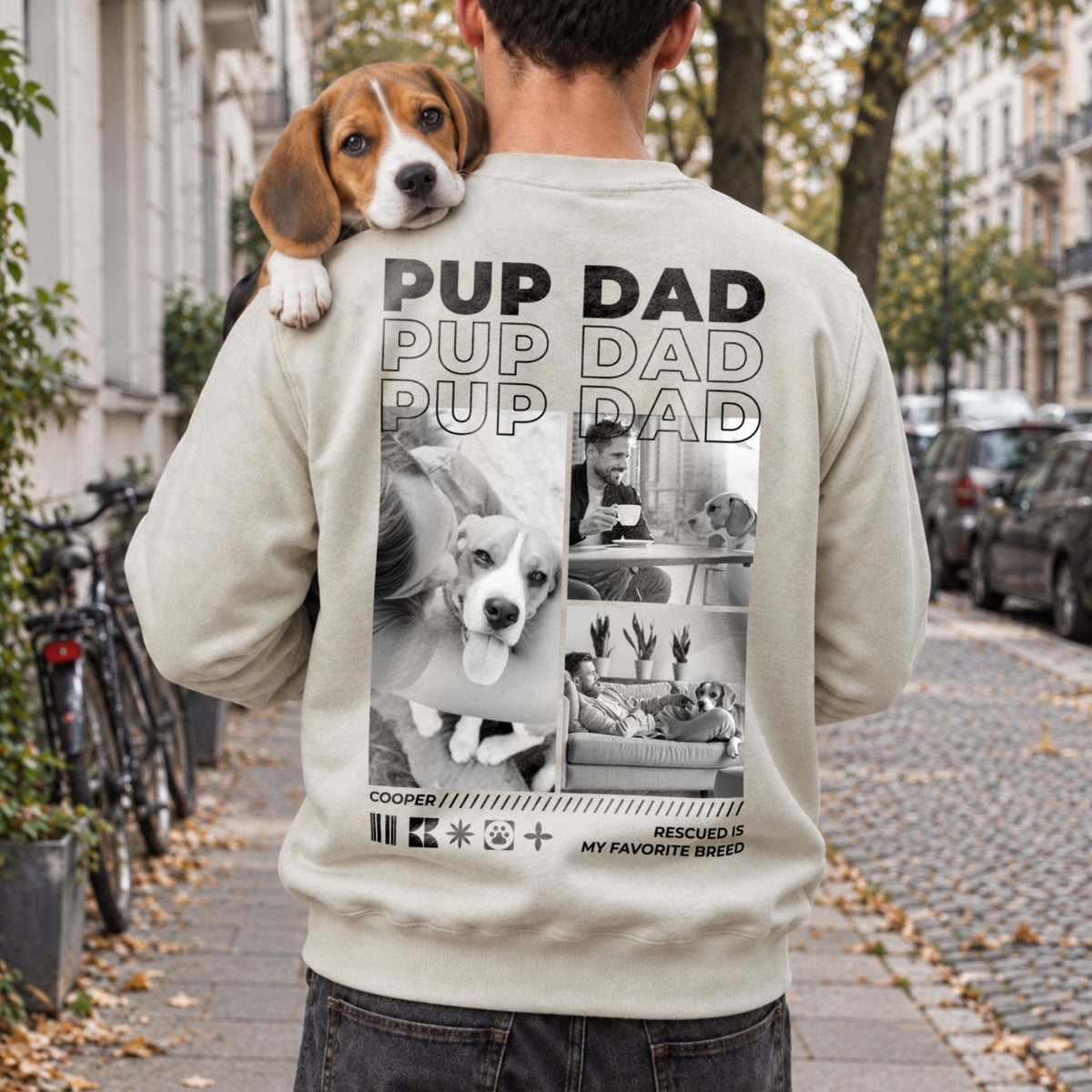 Man with a Beagle on his shoulder in a beige Pup Dad sweater with photo collage